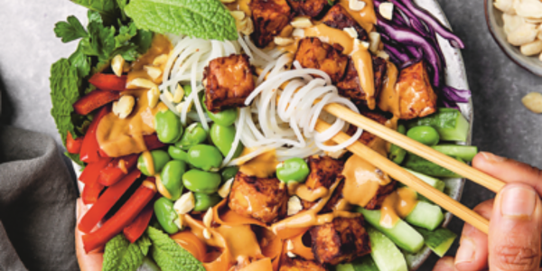 Spring Bowl with Rice Vermicelli, Crispy Vegetables and Grilled Tempeh