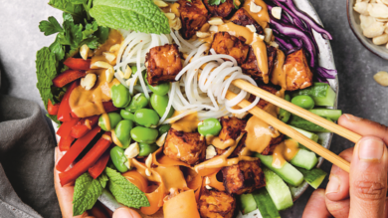 Spring Bowl with Rice Vermicelli, Crispy Vegetables and Grilled Tempeh