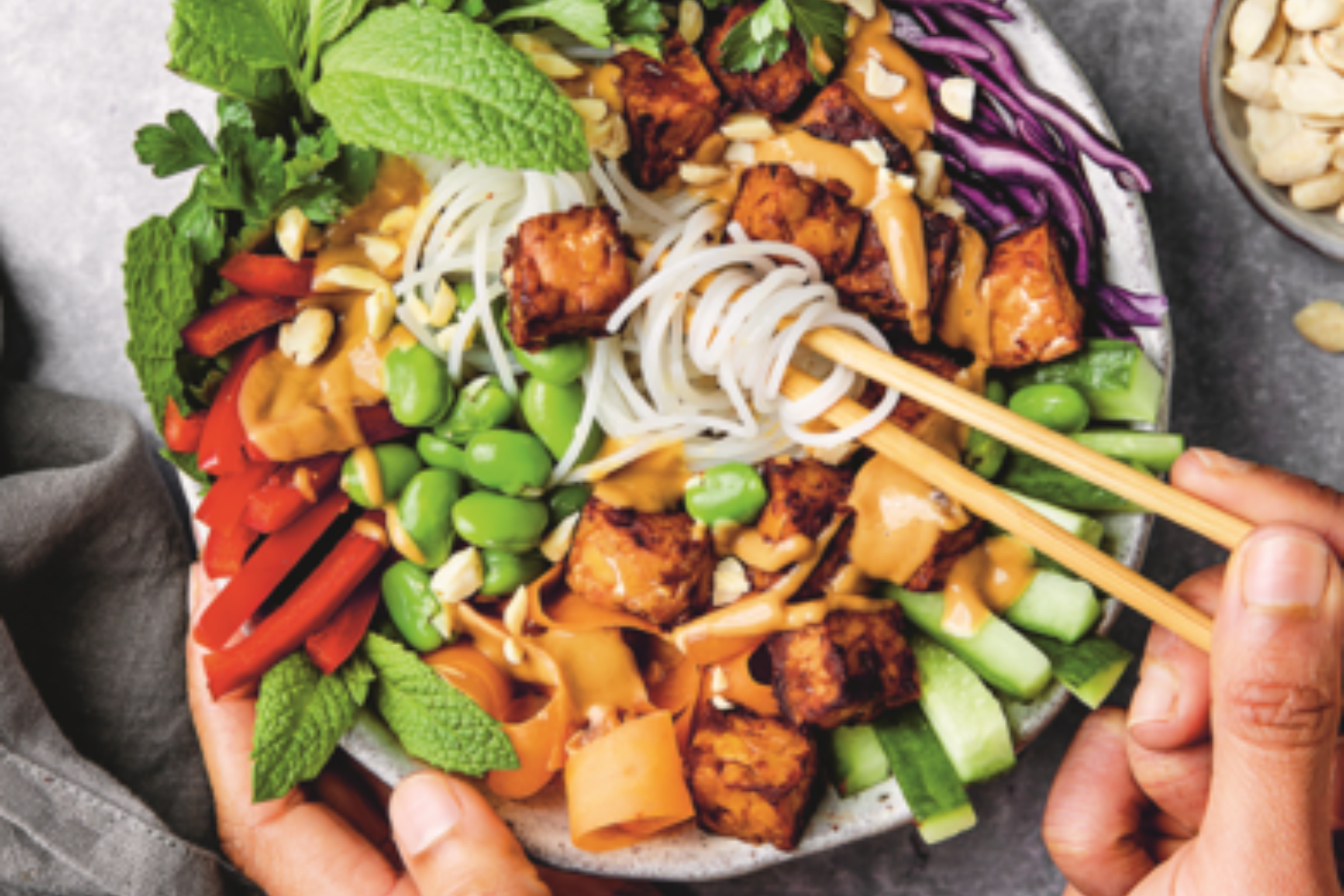 Spring Bowl with Rice Vermicelli, Crispy Vegetables and Grilled Tempeh