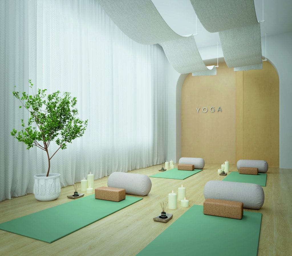 Yoga mats in yoga room with plant,scented candle and white curtain background.3d rendering